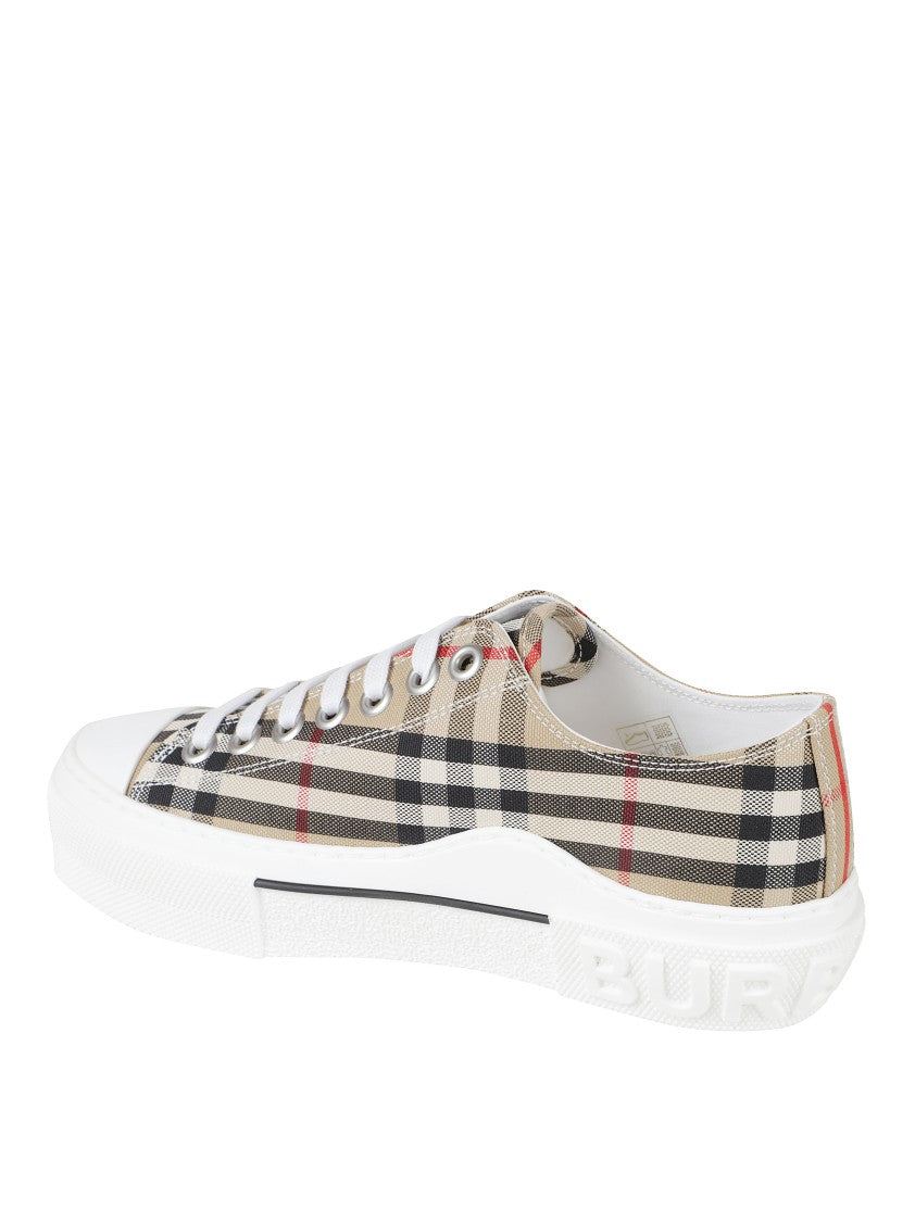 Burberry Beige Sneakers With Classic Check Pattern And White Rubber Sole
