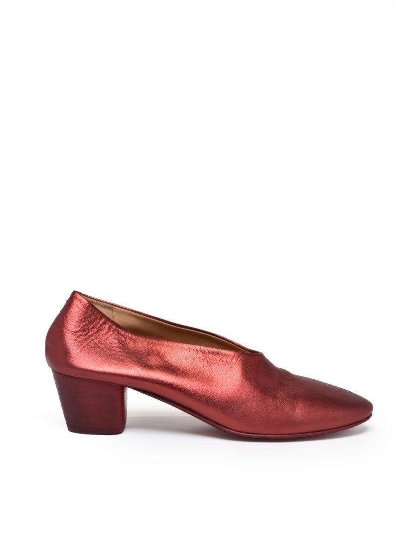 Marsèll Red Metallic Sheen Low Block Heel Leather Pumps