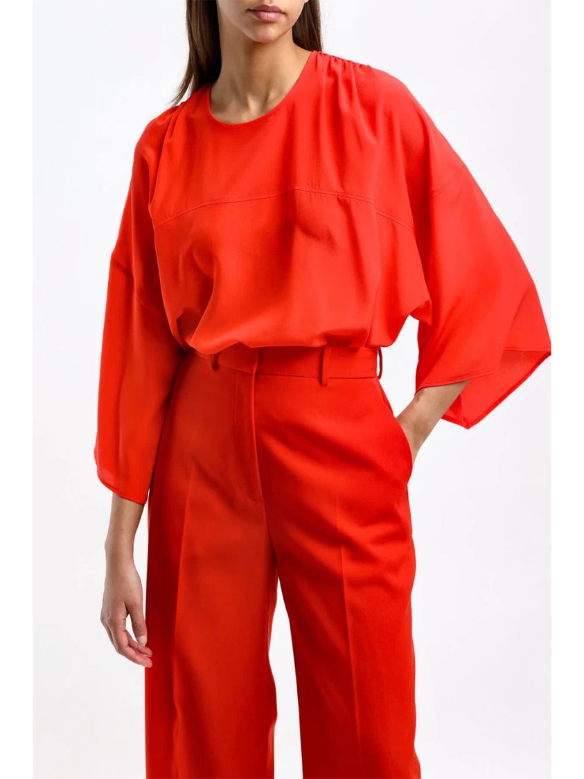 Lanvin Red Round Neck Fluid Silk Top