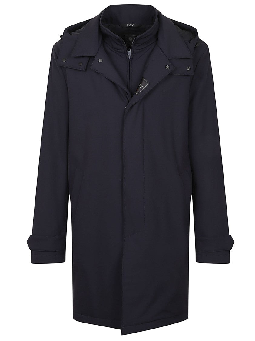 Fay Lightweight Blue Stretch Nylon Overcoat With Double-Front Design