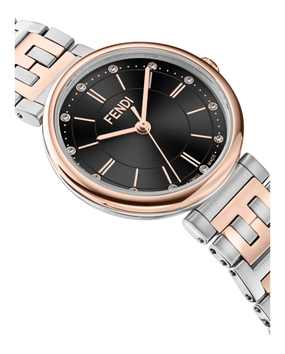 Fendi Two-Tone Bracelet Watch With Black Opalin Dial And Rose Gold Case