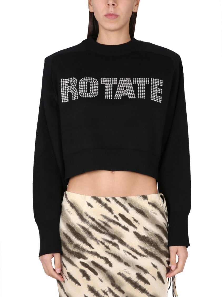 Rotate Birger Christensen Rhinestone Logo Cropped Shirt