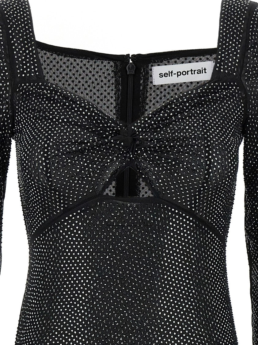 Self-Portrait 'Black Rhinestone Mesh Midi' Dress