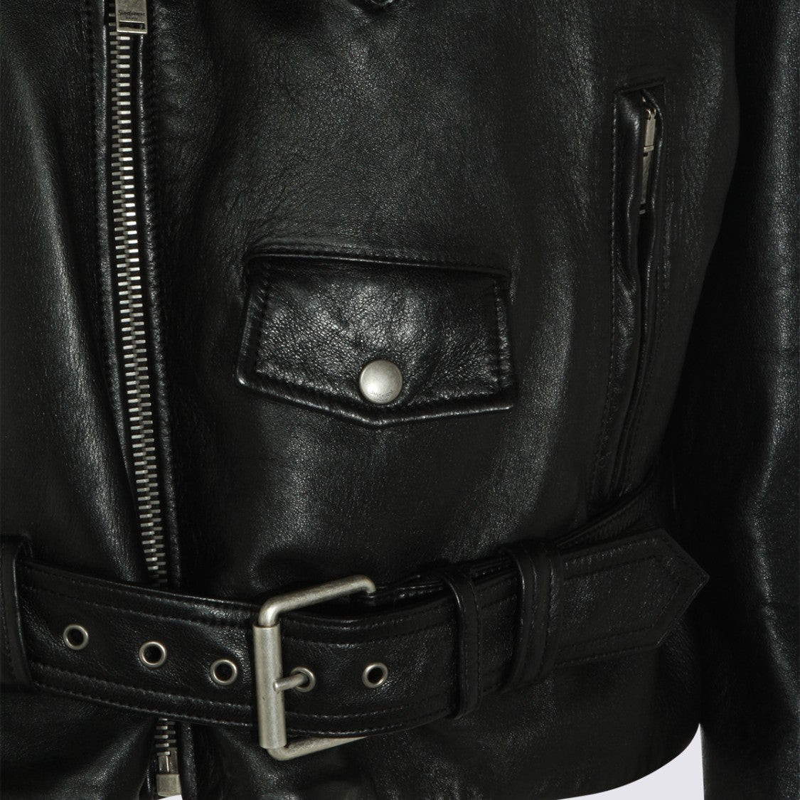 Saint Laurent Cropped Black Leather Jacket With Asymmetrical Zipper