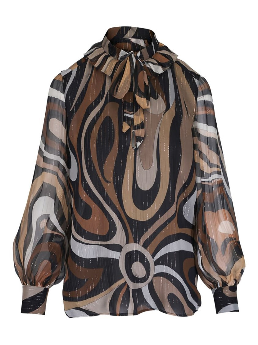 Pucci Flowing Semi-Sheer Blouse With Tie-Neck And Balloon Sleeves