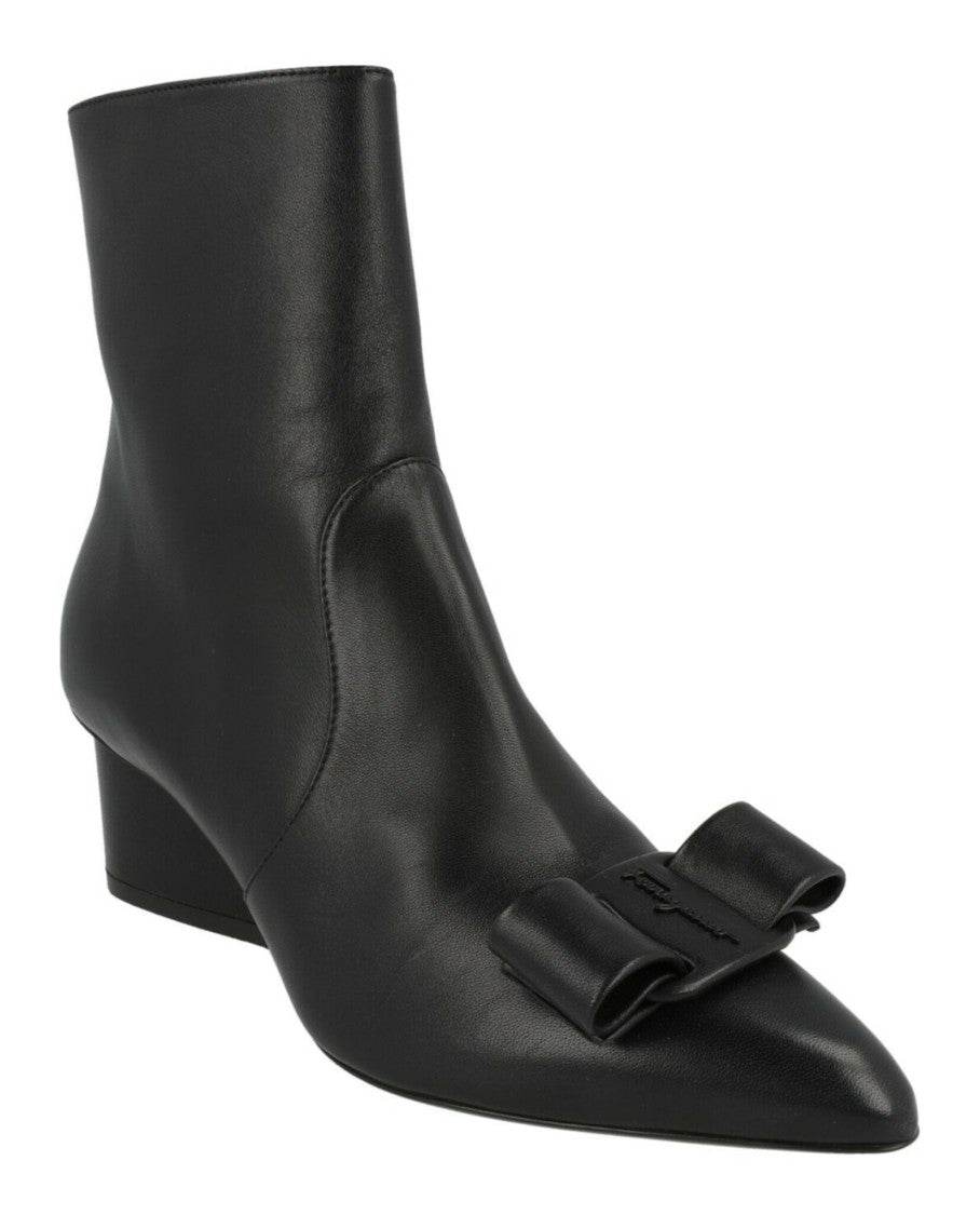 Ferragamo Ankle-Length Calfskin Leather Booties With Bow Detail