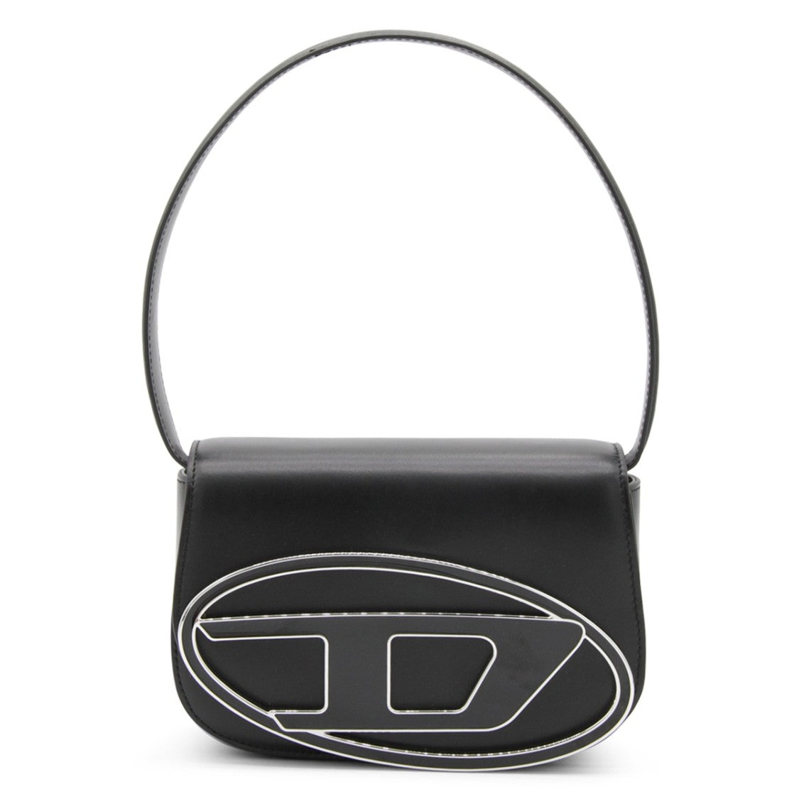 Diesel 1Dr Black Leather Shoulder Bag With Oval Logo Plaque