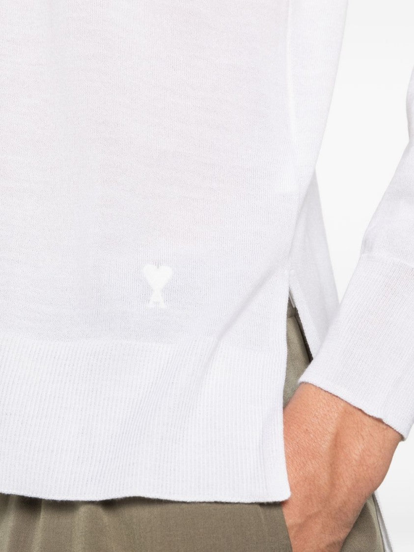 Ami Paris Minimalist White Sweater With Ribbed Details And Relaxed Fit