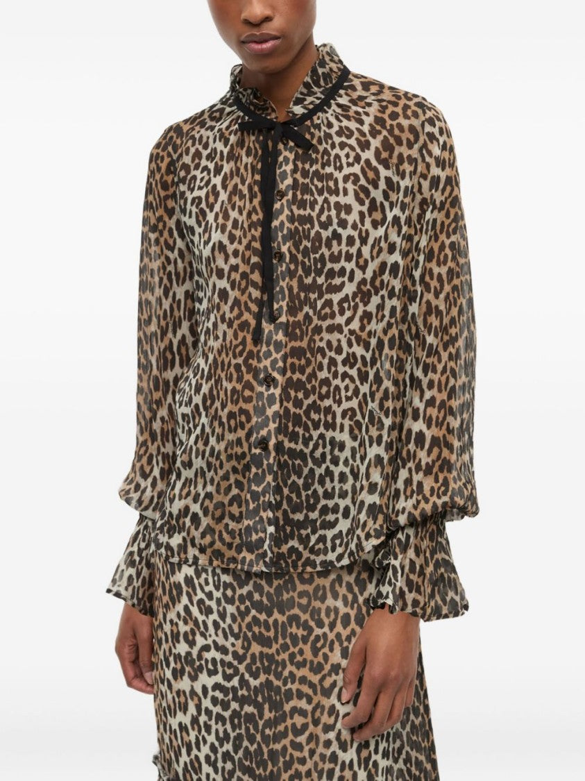 Ganni Leopard Print Semi-Sheer Blouse With Ruffled Neckline
