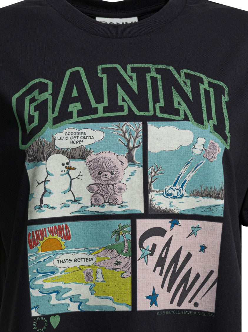 Ganni Short-Sleeved T-Shirt With Bear Graphic Print