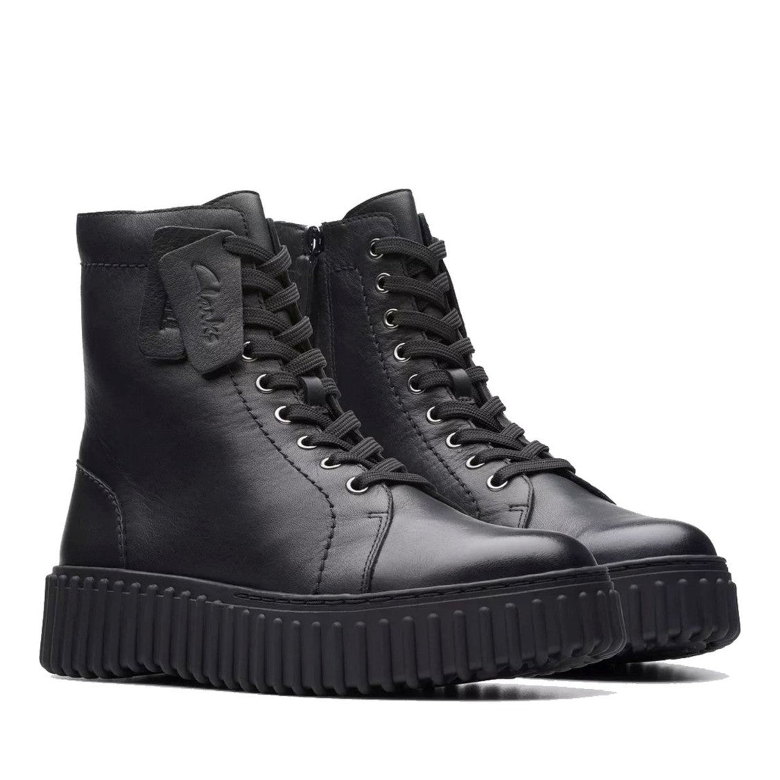 Clarks Torhill Rise Black Lace-Up Detail Textured Sole Wedge Boots
