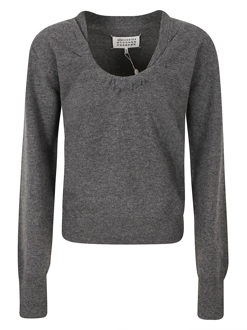 Maison Margiela Fitted Grey Round Neck Sweater In Virgin Wool