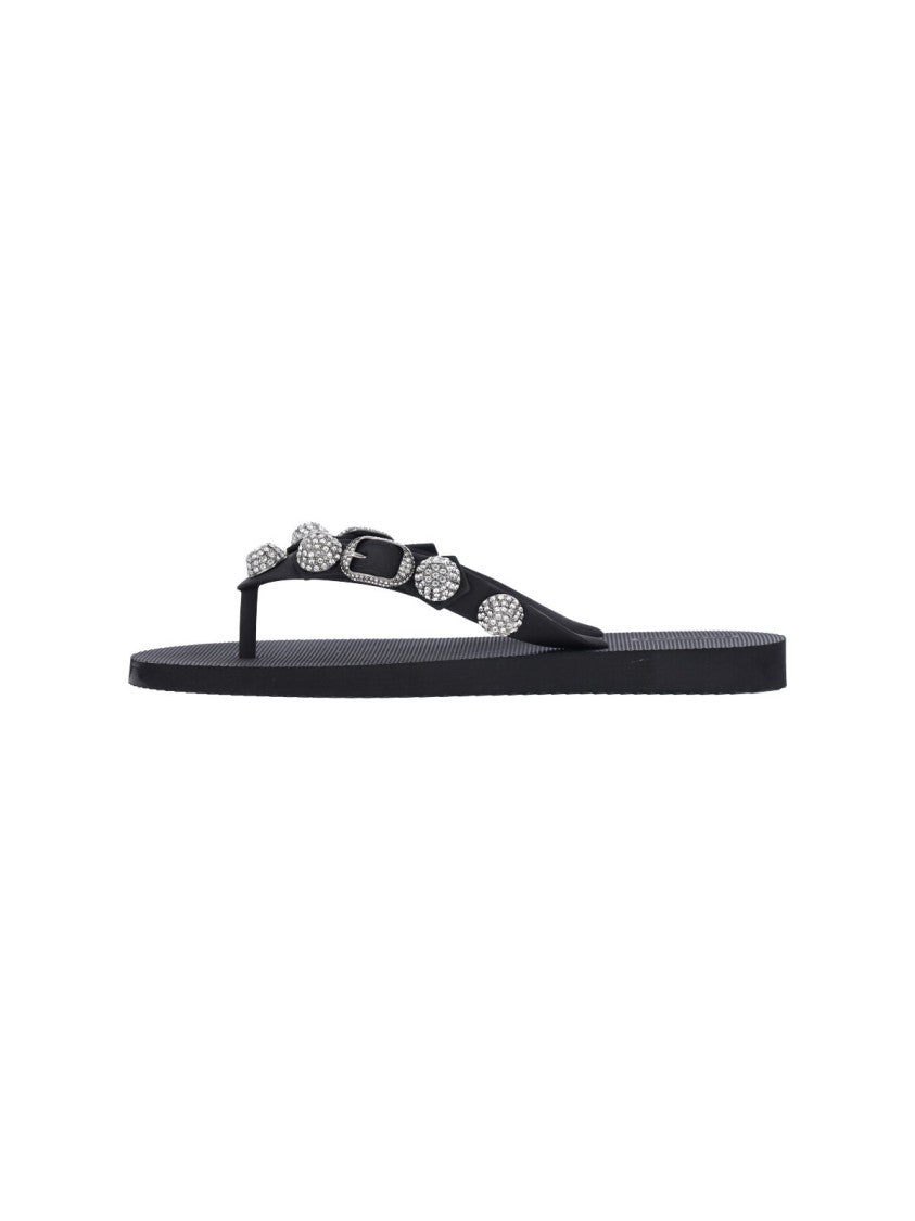 Balenciaga "Cagole" Stud And Rhinestone Flip-Flop Sandals – Black