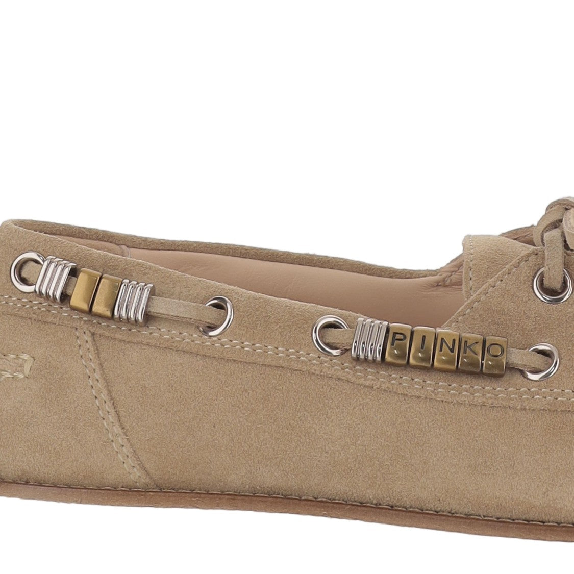 Pinko Beige Leather Loafers With Metal Eyelet Detailing