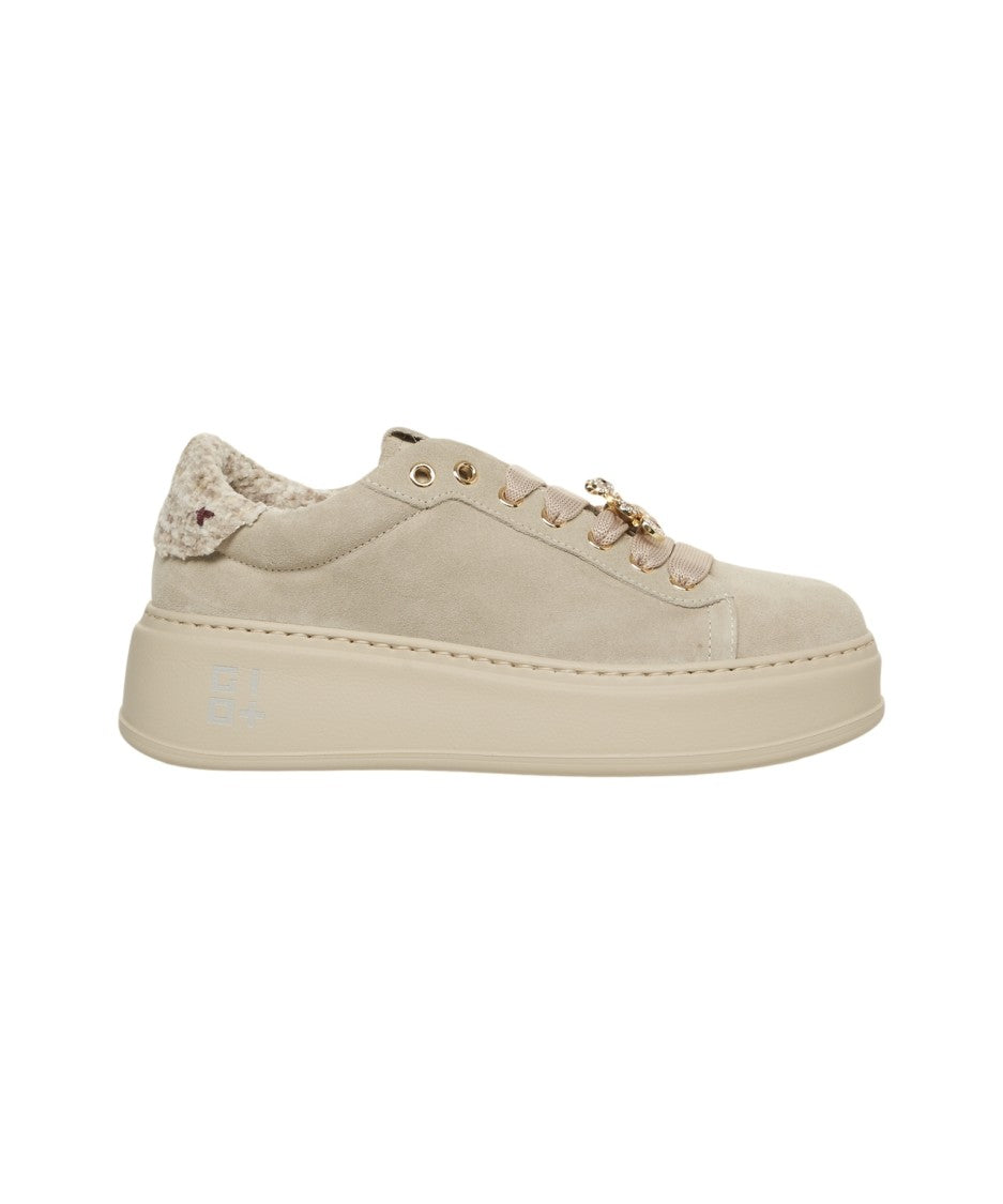 Gio+ Beige Suede Platform Sneakers With Golden Charm Laces