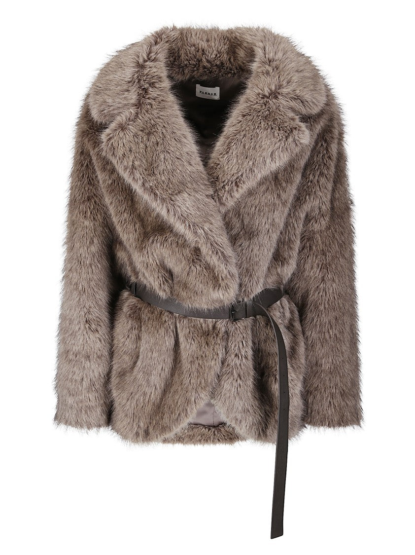P.A.R.O.S.H. Synthetic Fur Jacket With Adjustable Buckle Belt And Lapel Collar
