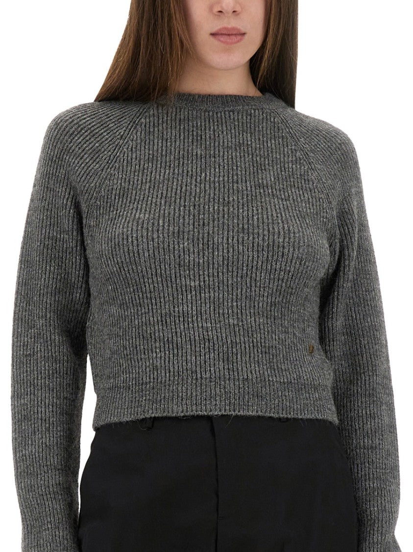 Moschino Ribbed Grey Cropped Sweater With Frayed Hem