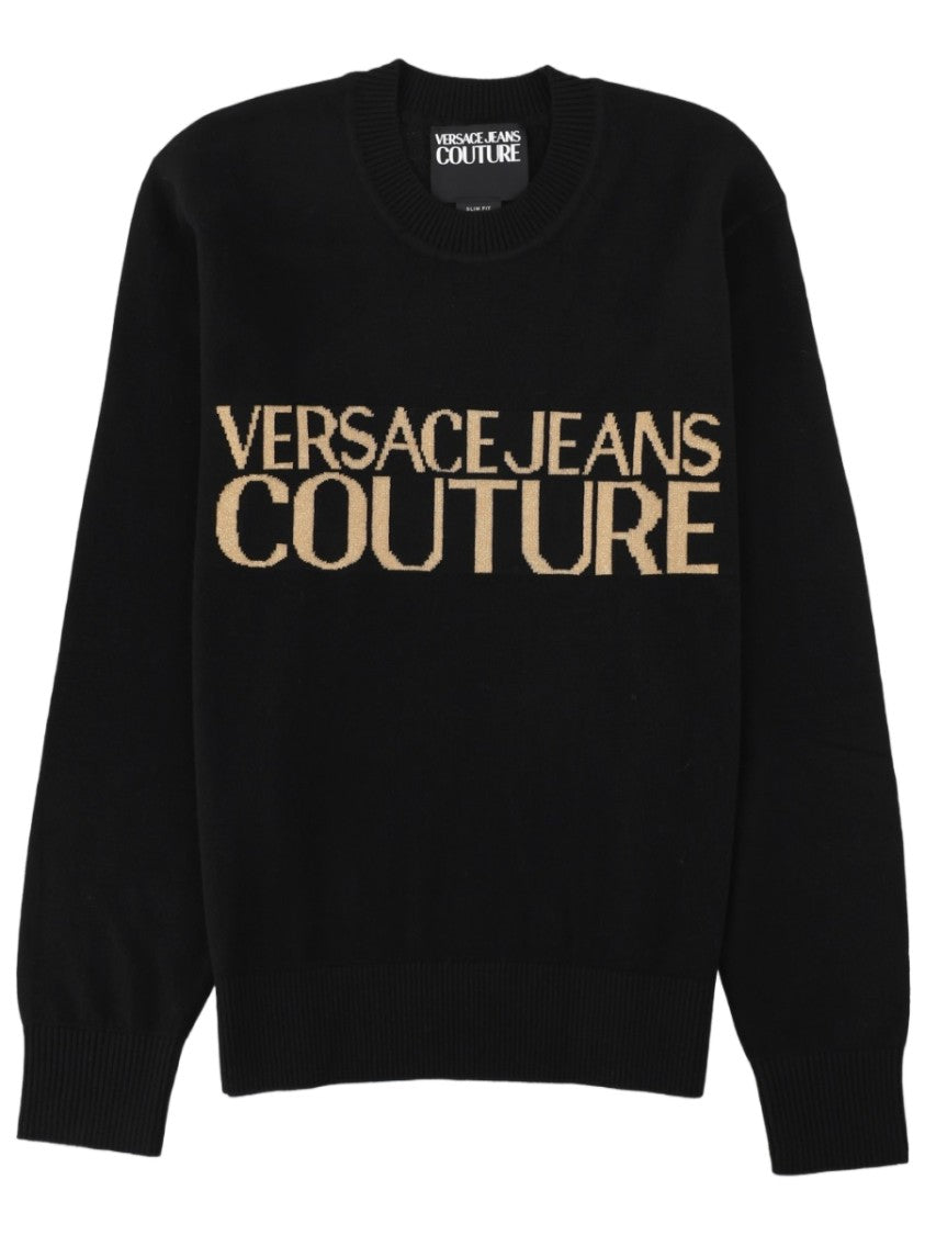 Versace Jeans Couture Black Knit Sweater With Bold Logo Detail