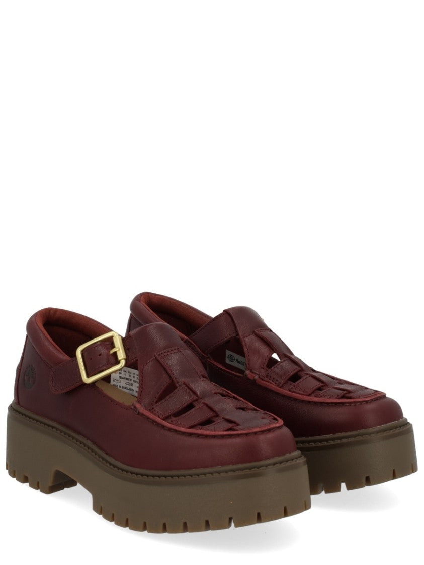 Timberland Bordeaux Leather Loafers With Woven Vamp And Gold-Tone Buckle