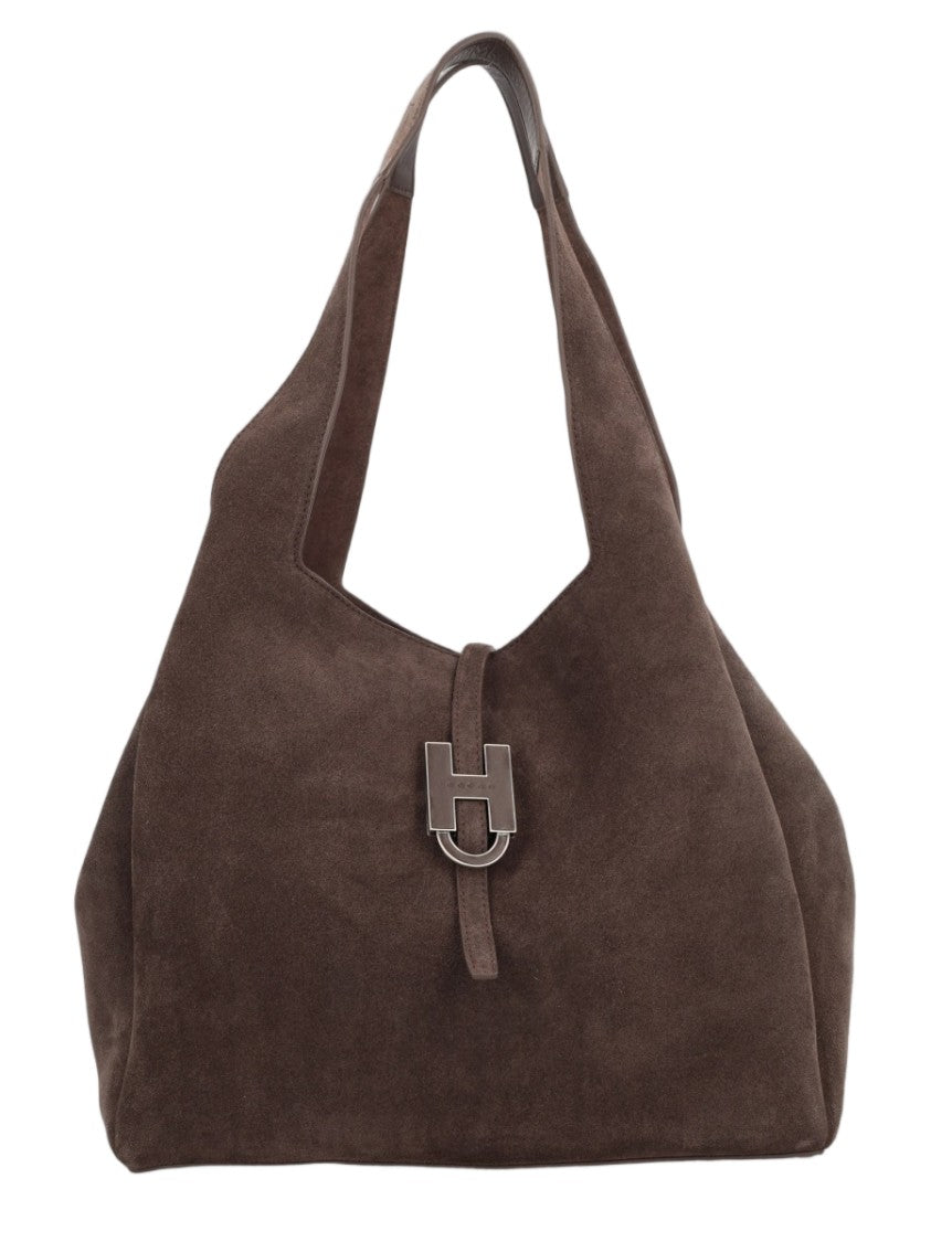 Hogan Spacious Calfskin Suede Shopping Bag With Metallic 'H' Buckle