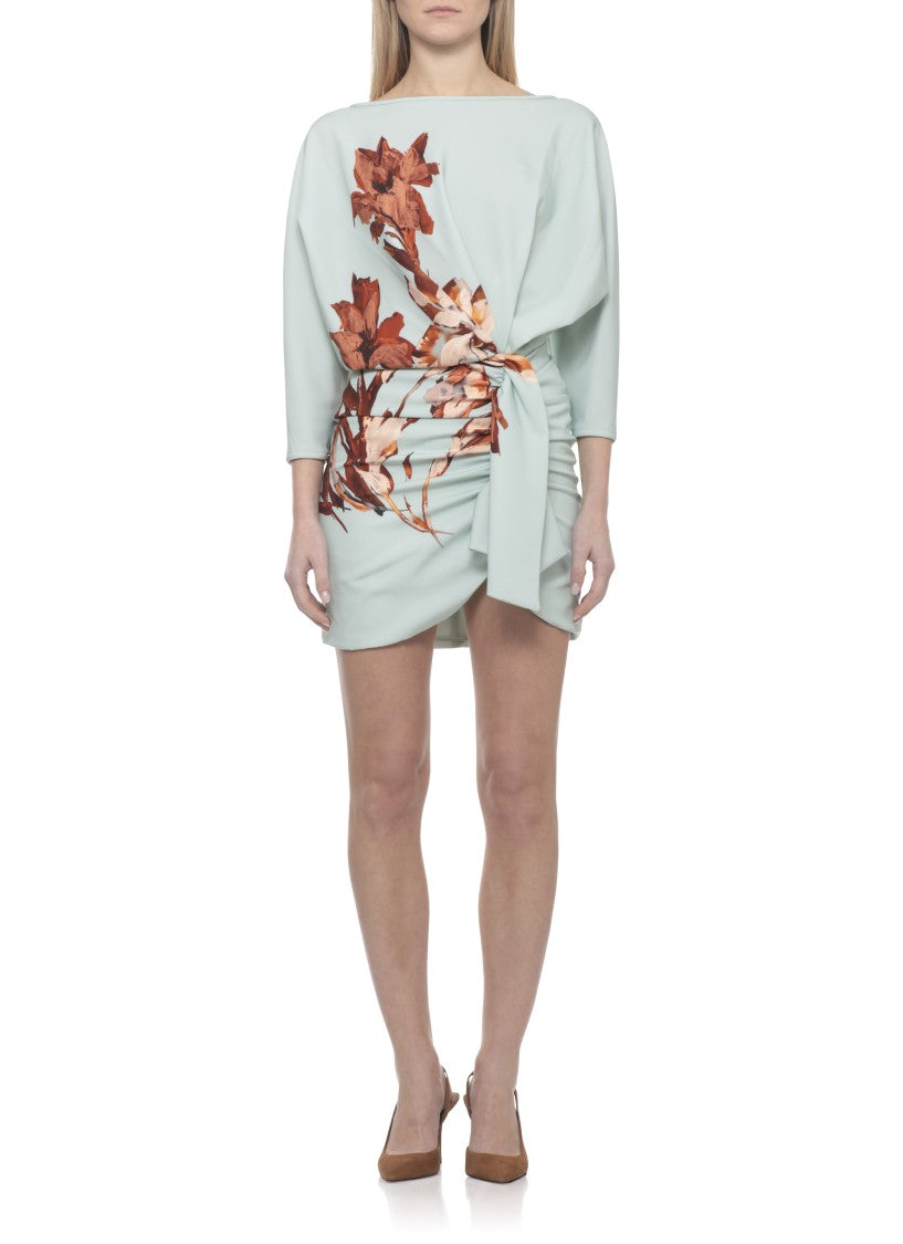Costarellos Aqua Green Crepe Dress With Floral Print And Draping Detail