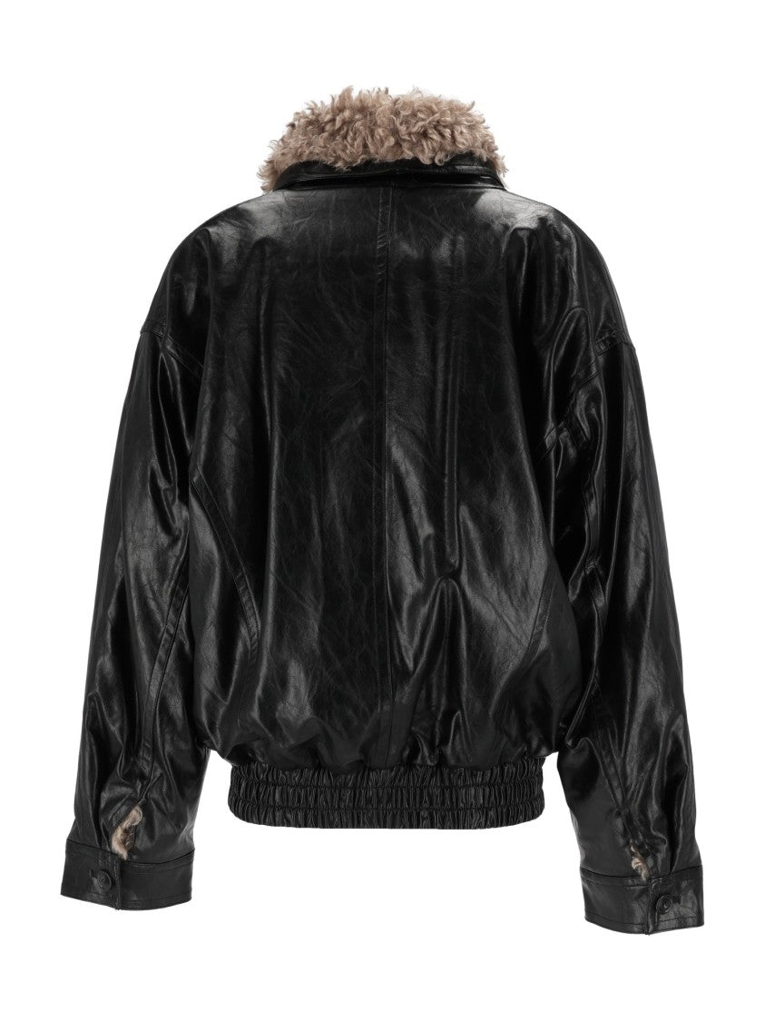 Eleh Black Glossy Shearling Collar Cropped Jacket