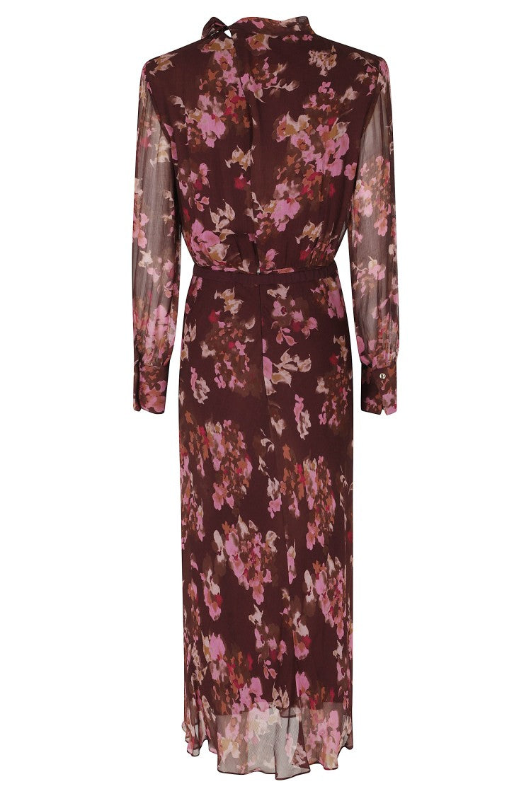 Nissa Bordeaux Ruffle Waistband Floral Print Viscose Evening Dress