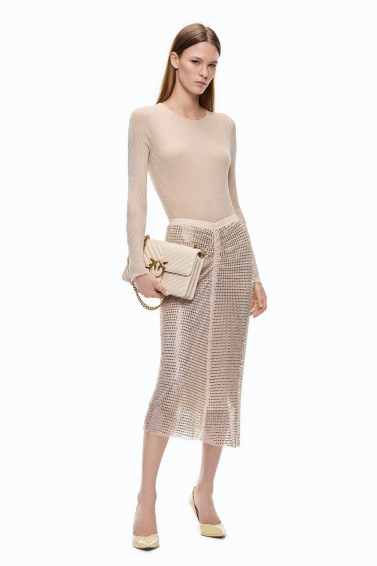 Pinko Beige Wool-Cashmere Blend Ribbed Crew-Neck Sweater