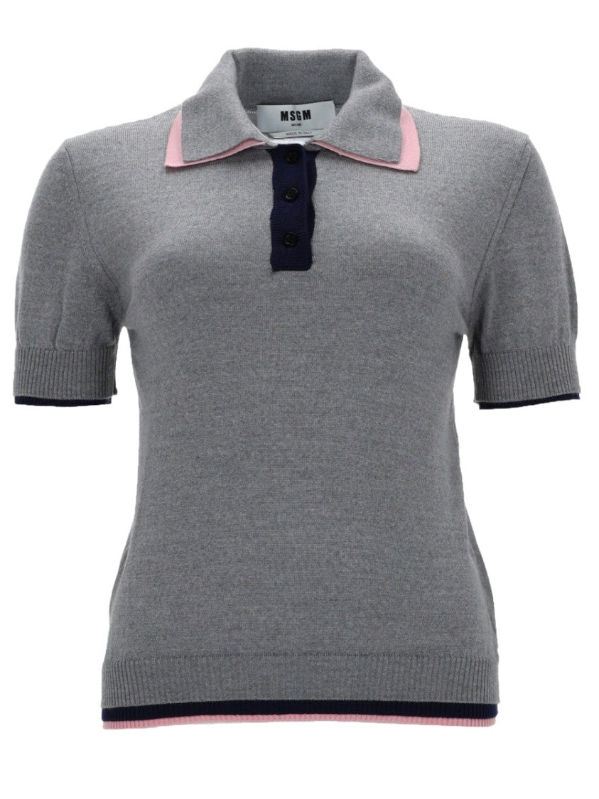 Msgm Heather Grey Merino Wool Contrast-Trim Polo Shirt