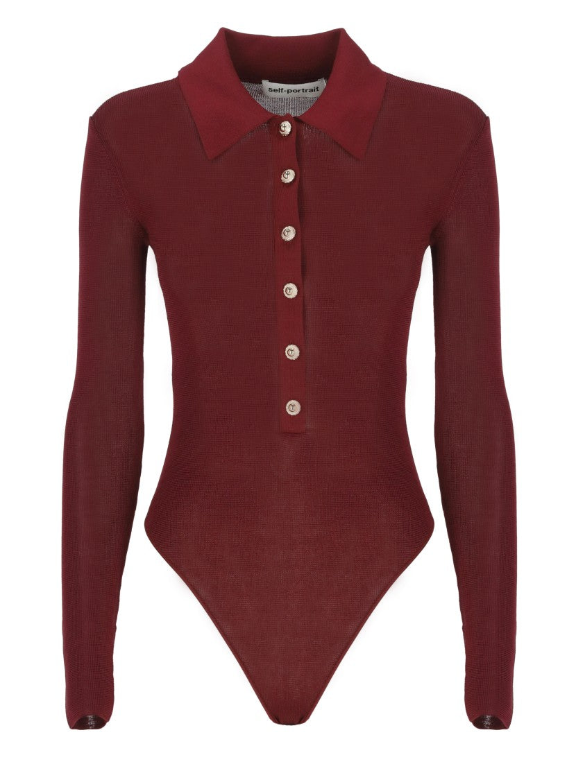 Self-Portrait Bordeaux Viscose Bodysuit With Classic Collar