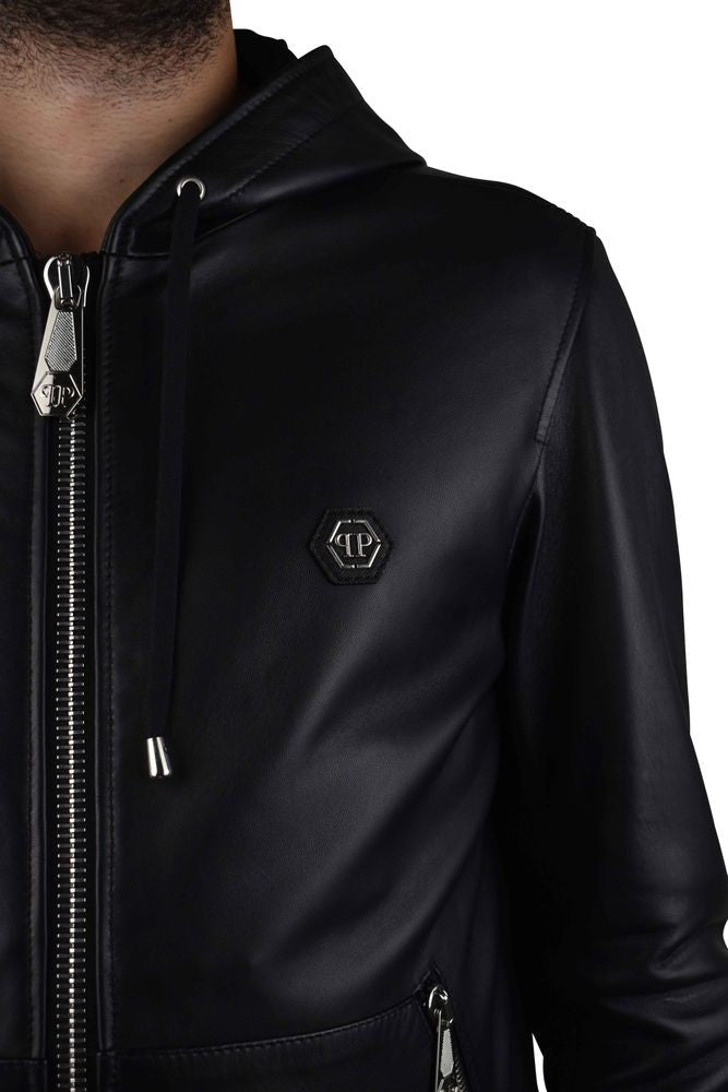 Philipp Plein Smooth Black Leather Hooded Jacket