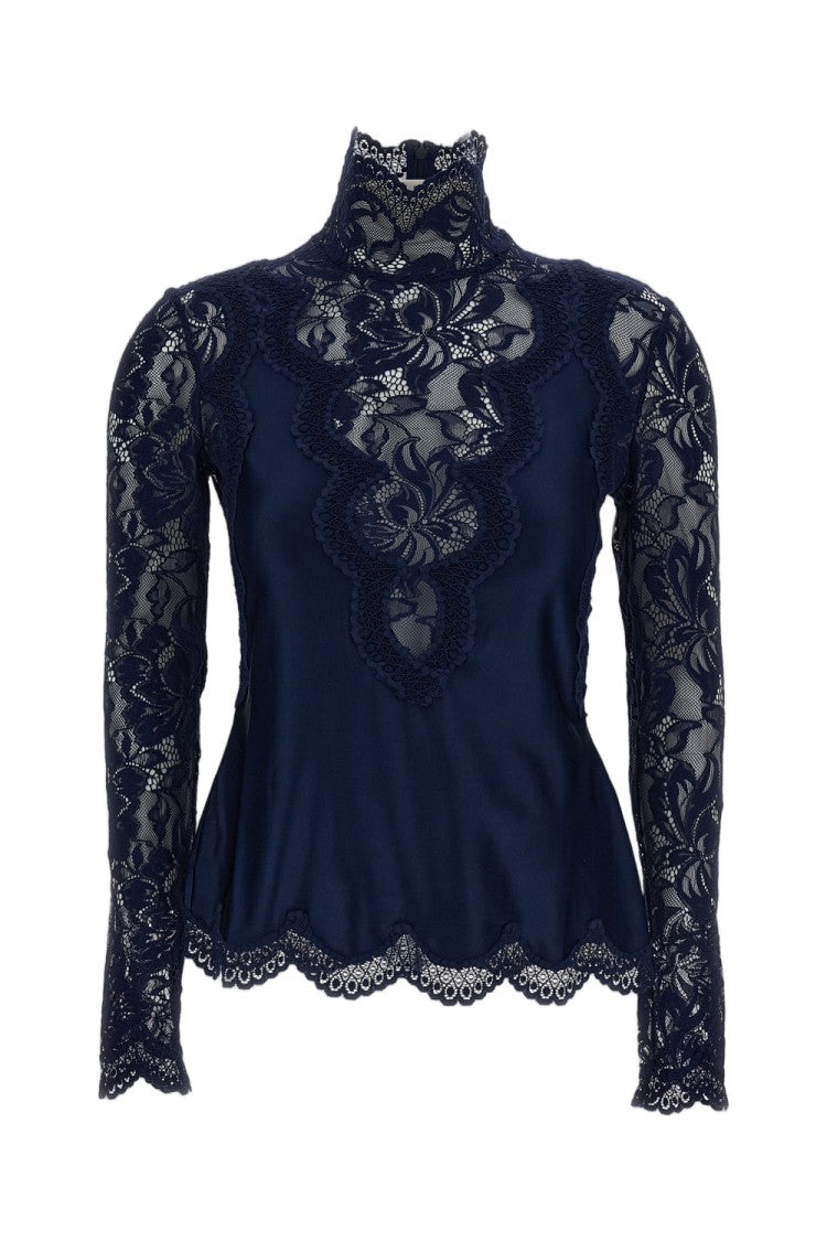Rabanne Blue Stand Collar Scalloped Lace Top