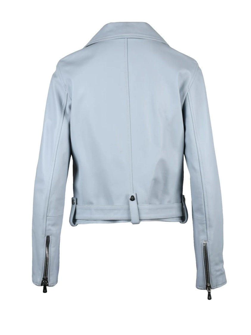 Eleventy Light Blue Leather Biker Jacket