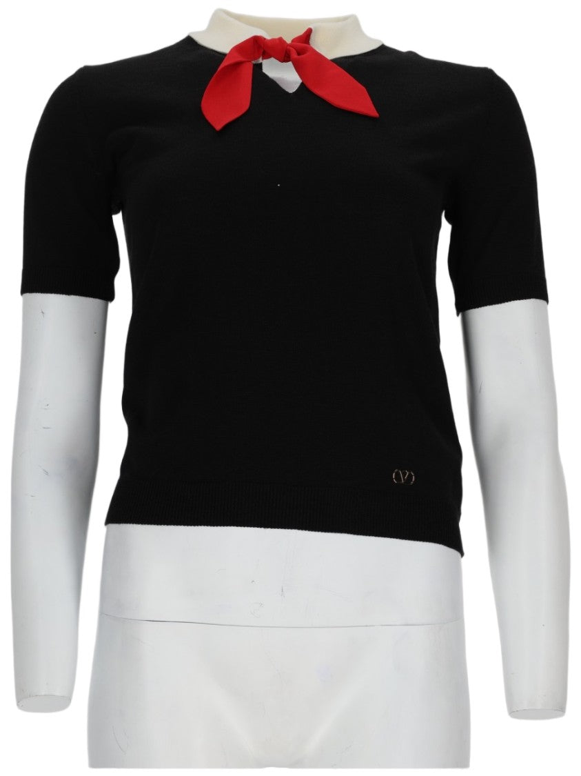 Valentino Short-Sleeved Wool Knit Top With Striking Red Bow