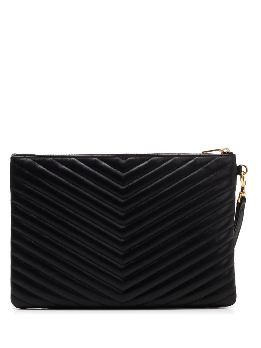 Saint Laurent Chevron Quilted Leather Clutch With Wrist Strap