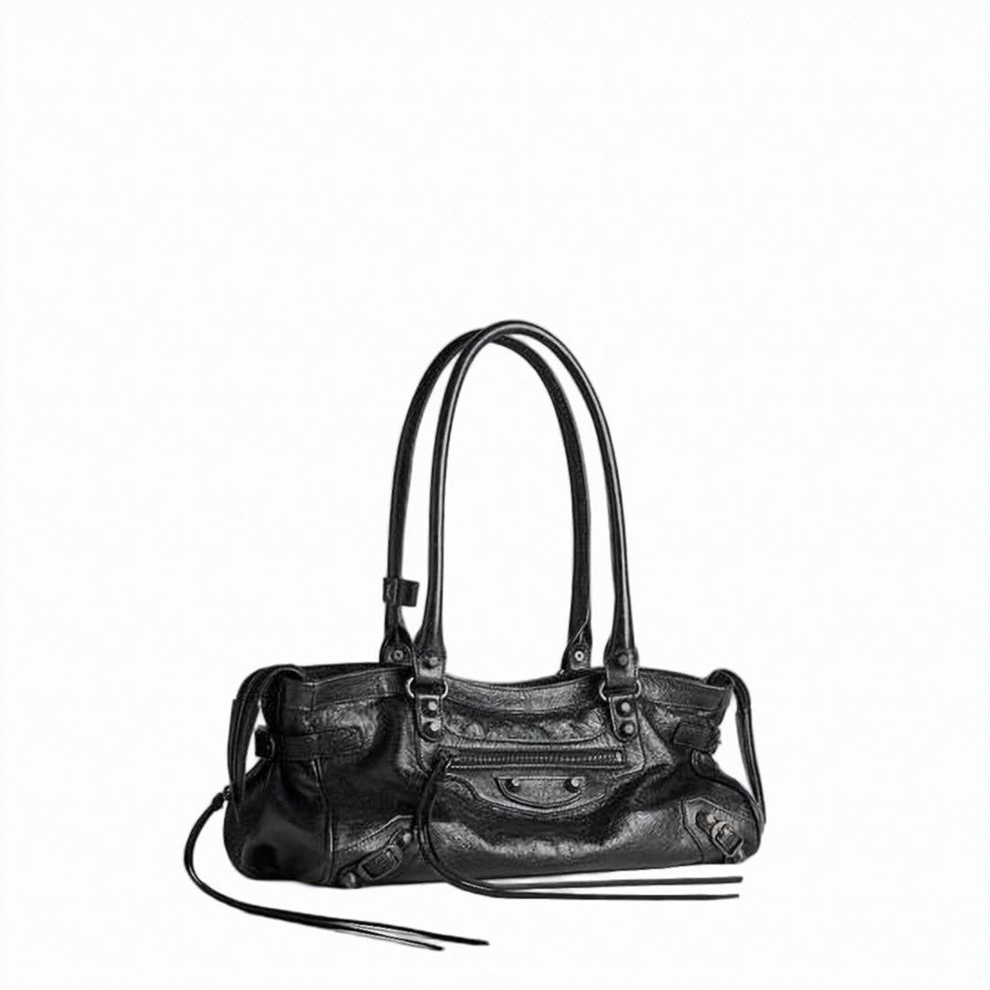 Balenciaga Black Textured Lambskin Studded Shoulder Bag