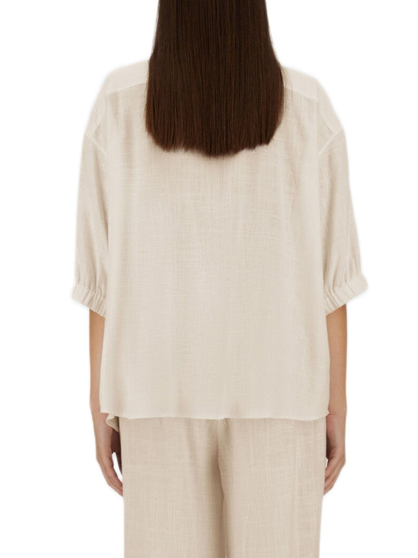 Herno Fluid Weave Linen Blend Shirt With Unique Gathered Cuffs