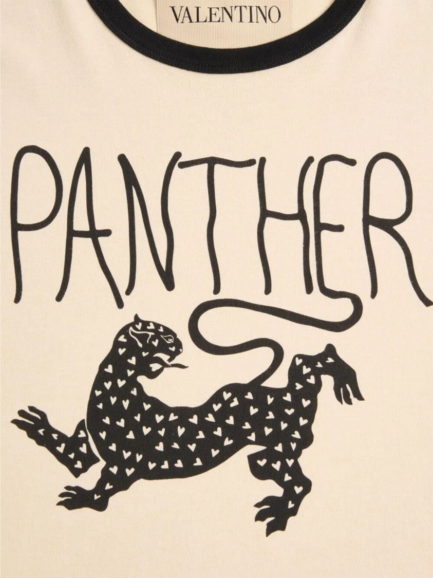 Valentino Light Beige Graphic Panther Cotton T-Shirt