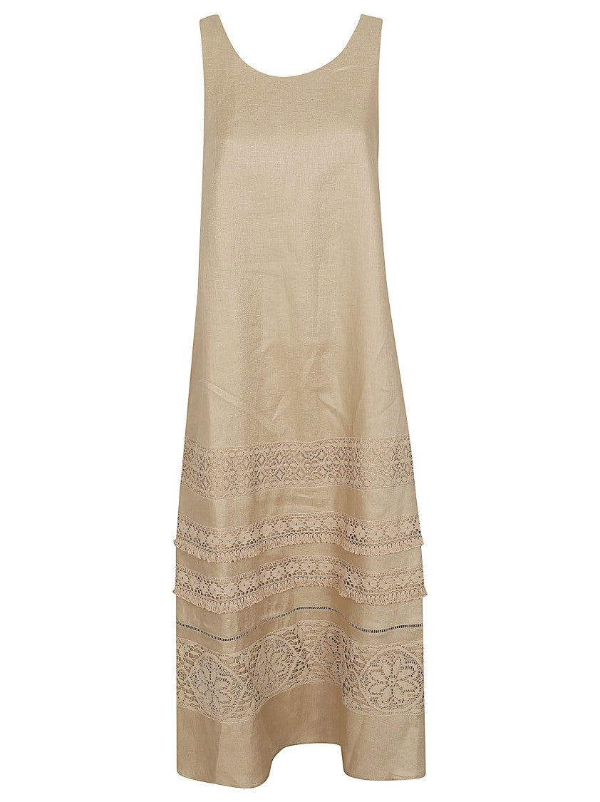 Max Mara Sleeveless A-Line Dress With Lace Detailing And Bow Accent