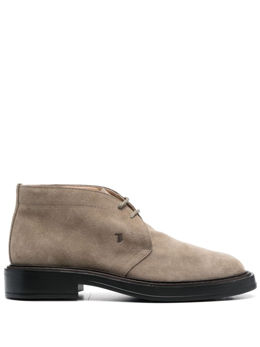Tod's Beige Calf Suede Lace-Up Flat Shoes With Low Block Heel