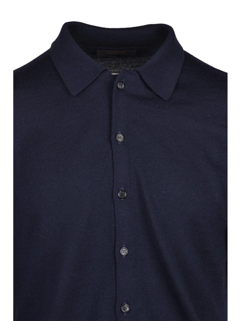 Slowear By Zanone Navy Blue Collared Fine-Knit Virgin Wool Cardigan