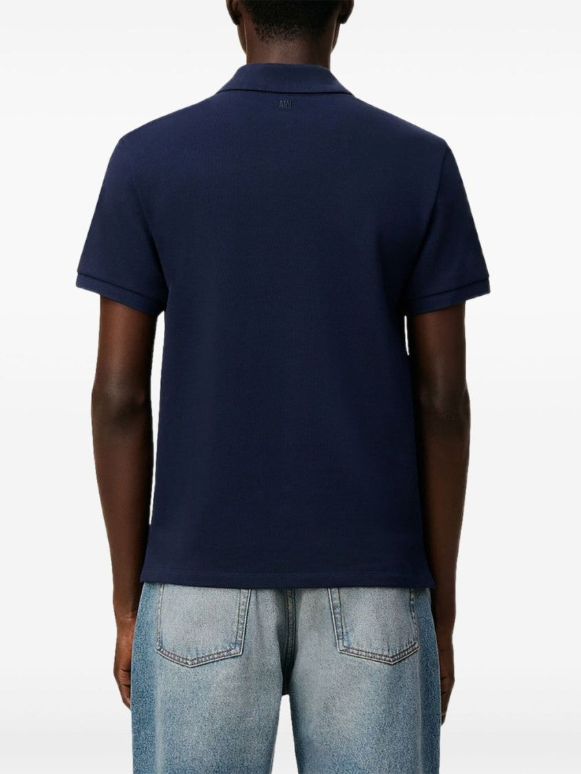 Ami Paris Blue Piqué Weave Embroidered Logo Polo