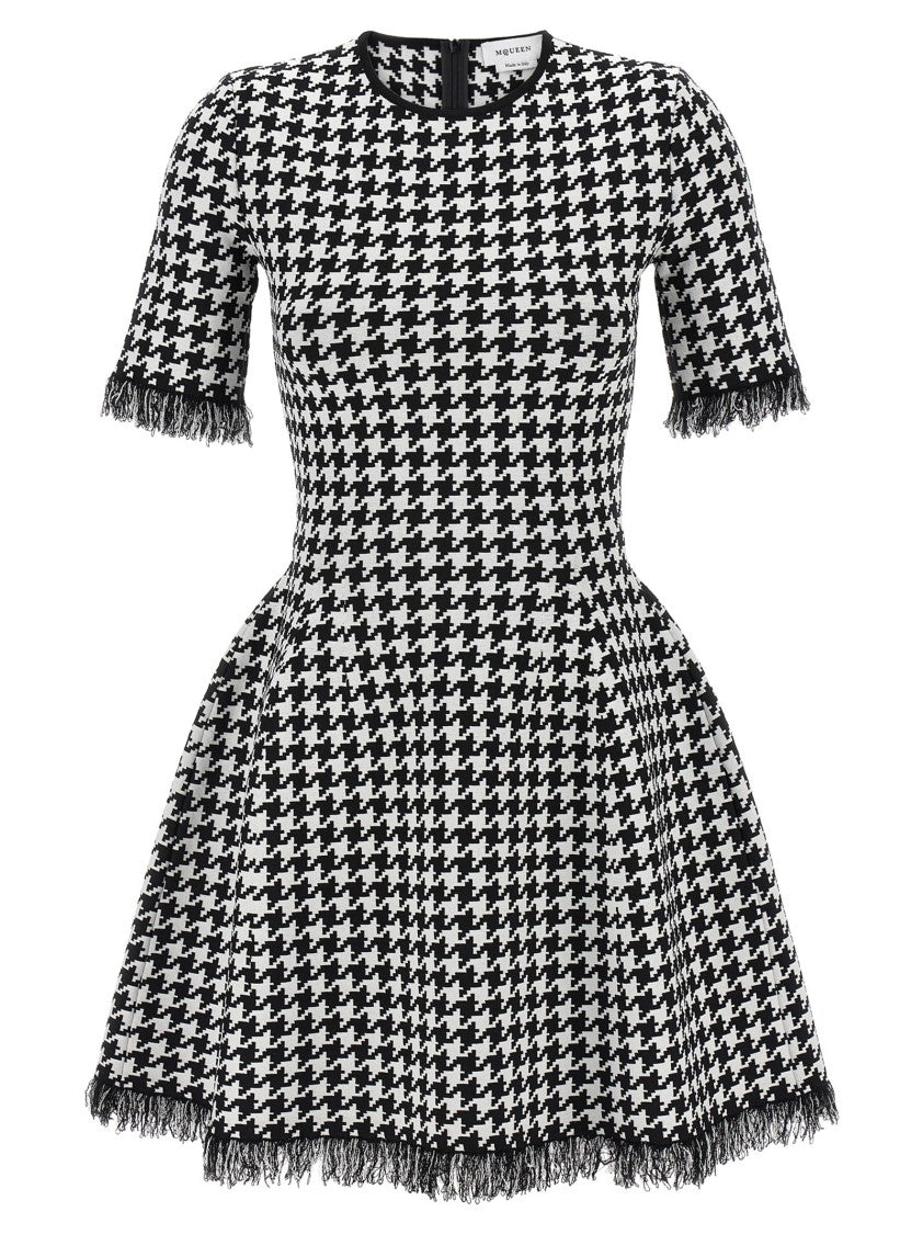 Mcqueen Mini Houndstooth Jacquard Dress With Fringe Details