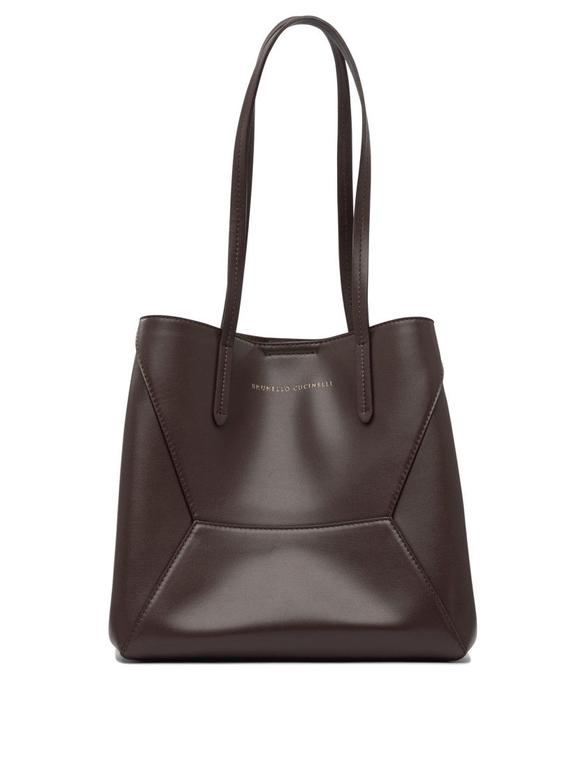 Brunello Cucinelli Structured Leather Shoulder Bag With Geometric Detailing