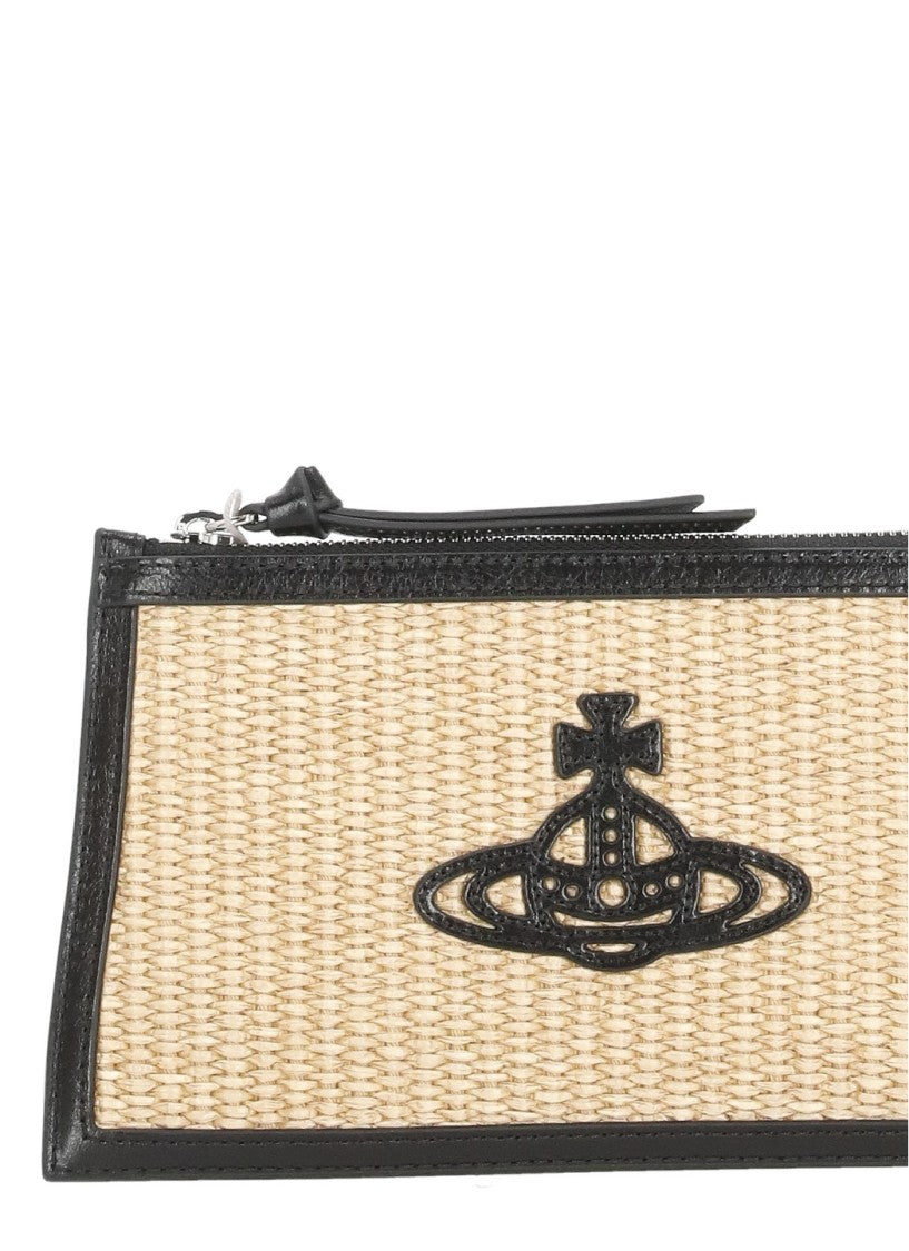 Vivienne Westwood Rectangular Raffia Pochette With Black Orb Logo