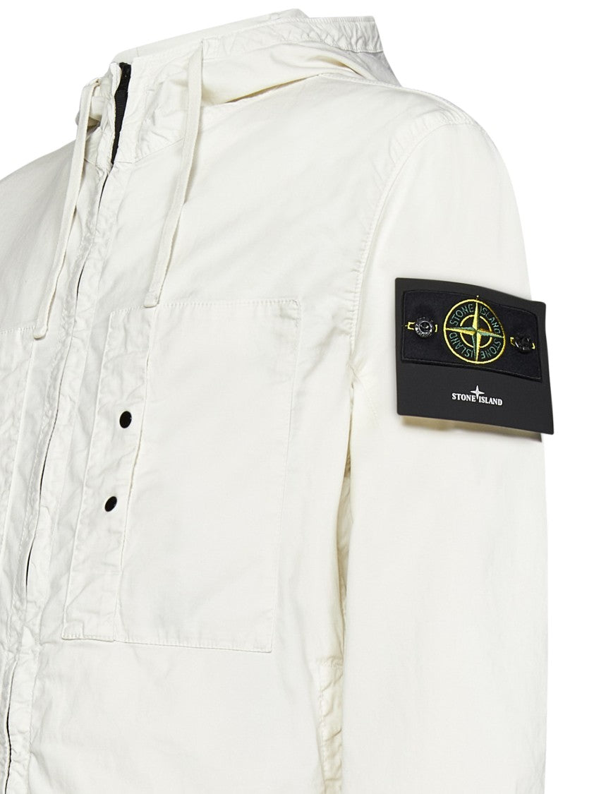 Stone Island Hooded White Jacket In Supima® Cotton Twill