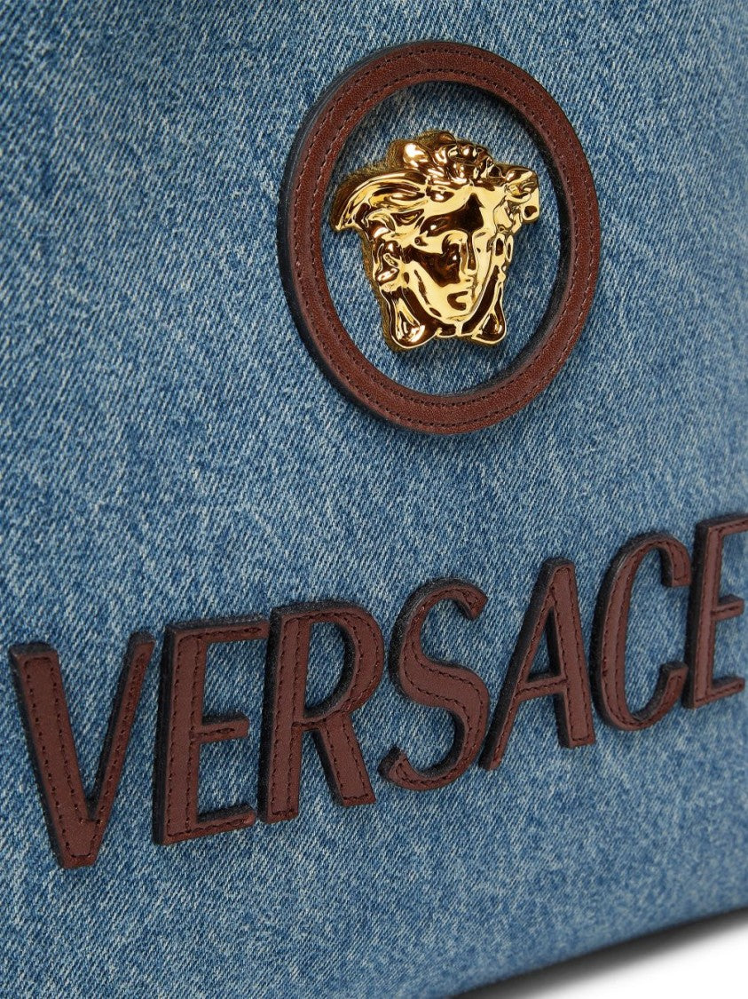 Versace Denim Tote Bag With Brown Leather Trim