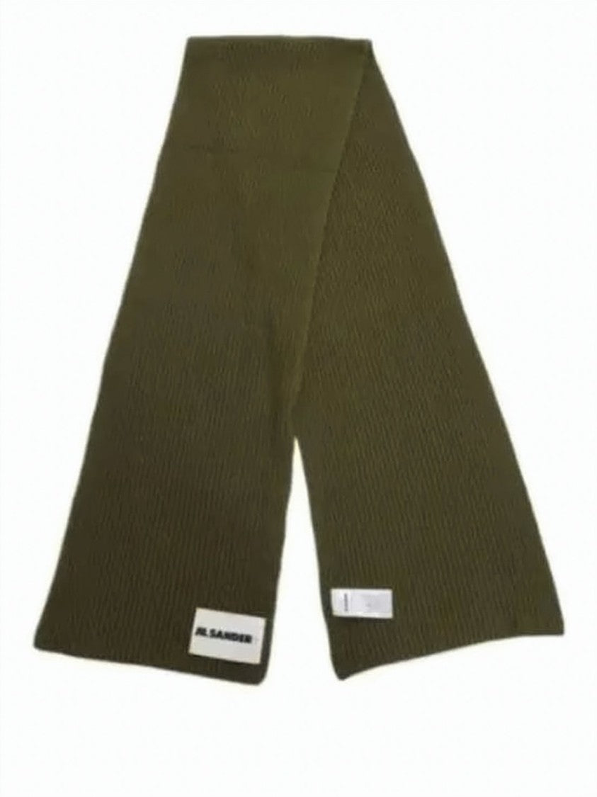 Jil Sander Rectangular Olive Green Wool Scarf With Ribbed Texture