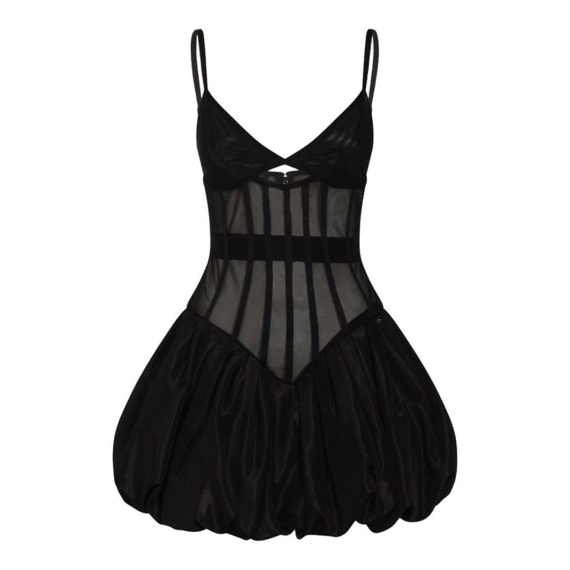 Nissa Voluminous Black Mini Dress With Sheer Panels