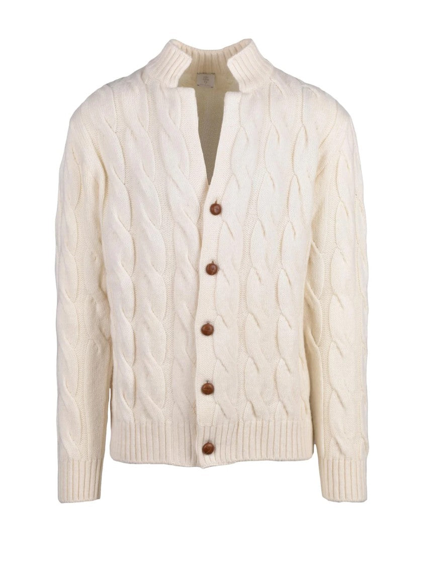 Eleventy White Cable-Knit Button-Front Cashmere Cardigan